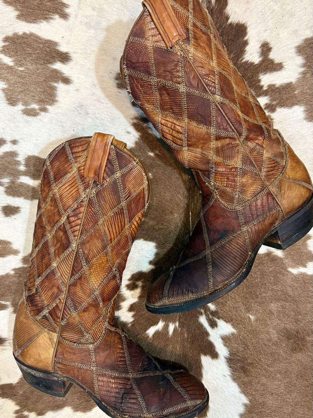 Vintage Black Label Tony Lama Brown Patchwork Exotic Diamond-Stitch Cowboy Boots